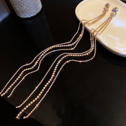 Geometric Colorful Rhinestone Earrings for Women Oversize Long Tassel Crystal Dangle Earrings Statement Jewelry