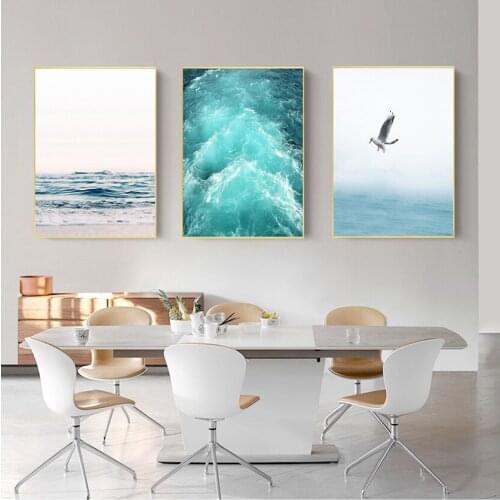 Art Poster Living Room Decor Seabirds Wall Blue Sea And Sky Nordic Landscape Canvas Painting Free Seagull Waves Beach