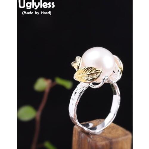 Uglyless Natural Freshwater Pearls Rings for Women Elegant Evening Dress Fine Jewelry Real 925 Silver Leaf Open Ring Pearls R822