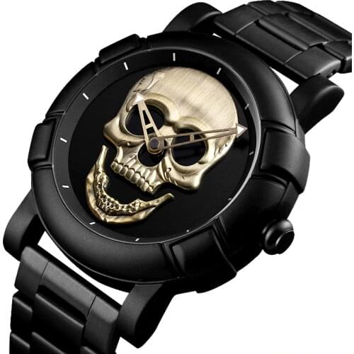 Cool Man Steampunk Skull Head Watch Men 3D Skeleton Engraved Gold Black Mexico Punk Rock Dial Clock Watches relogio masculino