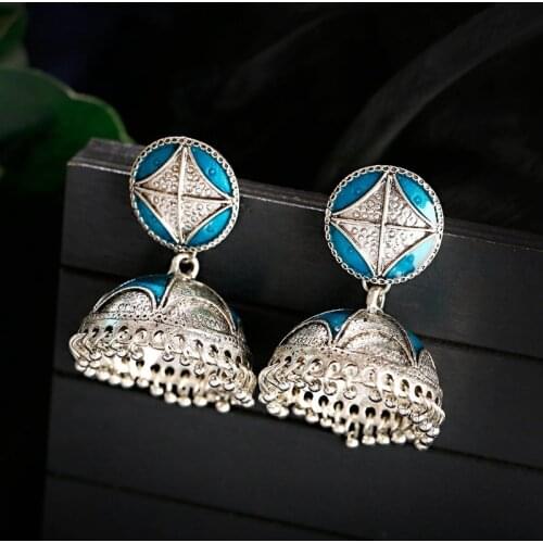 Fashion Womens Beads Tassel Indian Jhumka Earrings Ethnic Vintage Silver Color Geometric Bollywood Oxidized Dangle Earrings
