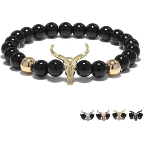 Charm Bull Head Skull Men Bracelet Fashion Strand Black Stone Beads Demon Bracelets & Bangles For Women Punk Jewelry Yoga Gift