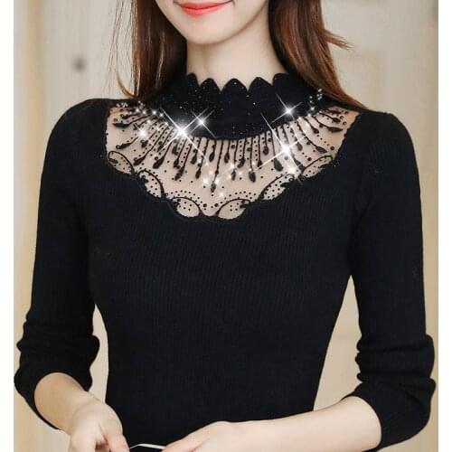 Autumn and Winter New Womens Clothing Slim-Fit Turtleneck Pullover Bottoming Sweater Lace Stitching Long Sleeve Sweater