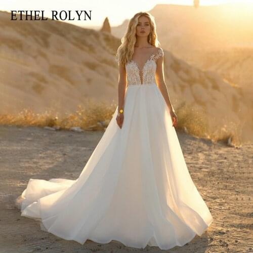 ETHEL ROLYN A-Line Wedding Dress 2021 Charming V-Neck Appliques Bride Semi-Transparent Long Sleeve Backless Button Bridal Gown