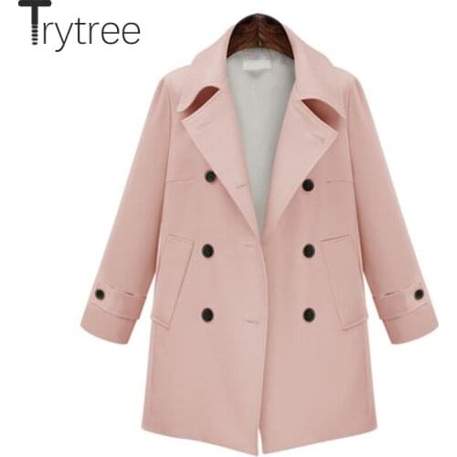 Trytree Autumn Winter Casual Womens Jacket Turn-down Collar Double Breasted Pockets Loose Solid 3 Colour Office Lady Coat
