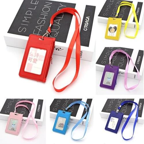 Simple Student Kids Lanyard Card Holder Slim Wallet Boys Pu Id Certificate Bus Door Credit Card Bag For Girls Zipper Coin Purses