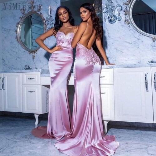 YiMinpwp Pink Mermaid Bridesmaid Dresses Spaghetti Backless Sweep Train Appliques Wedding Guest Party Gowns Maid of Honor Dress