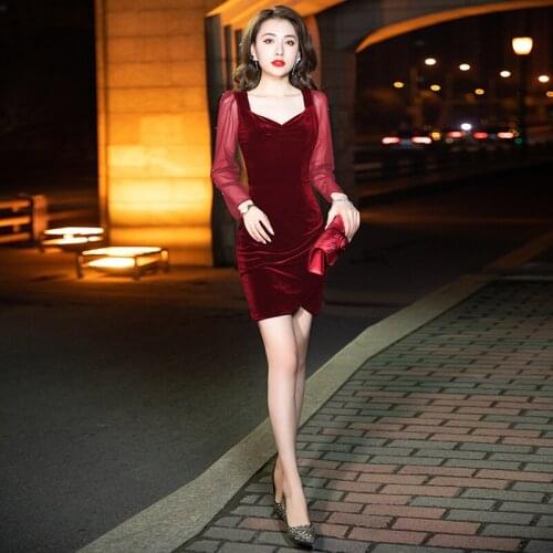 V-Neck Prom Dress Simple Lace Full Sleeve Above Knee Mermaid Zipper Back Burgundy Elegant Plus size Women Formal Party Gown C837
