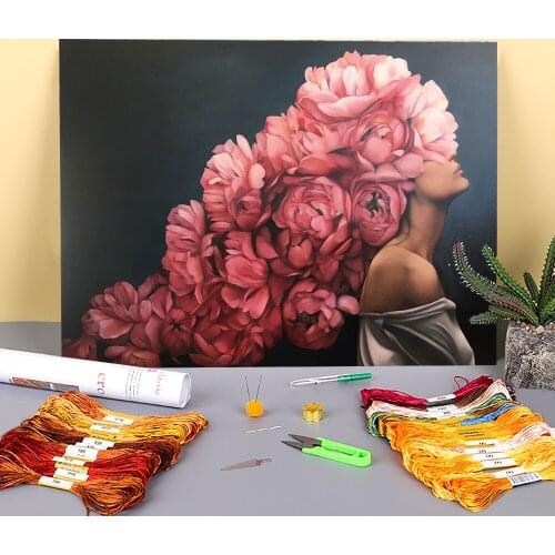 Flower Women Printed Fabric 11CT Cross Stitch Embroidery Patterns DMC Threads Handicraft Handmade Painting Handiwork Design