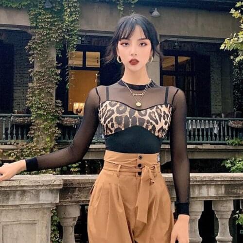 Latin Dance Tops Sexy Mesh Leopard Stitching Women Competition Shirt Samba Salsa Performance Clothes Training Costume YS1231