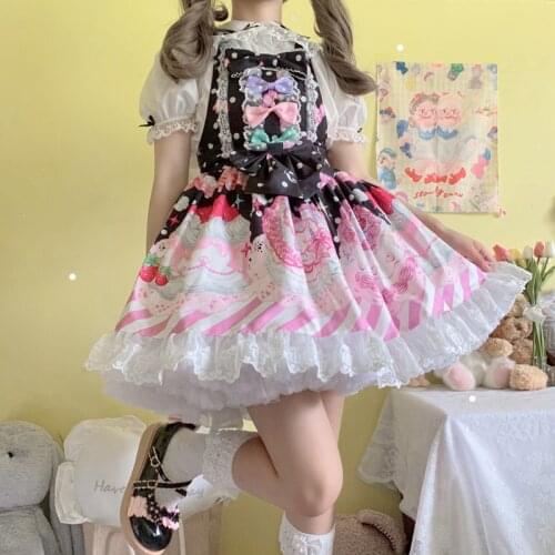 Japanese Kawaii Spaghetti Strap Cake Print Cute Baby Doll Dress Women Summer Sweet Soft Girl Jsk Tea Party Lolita Dress Vestidos