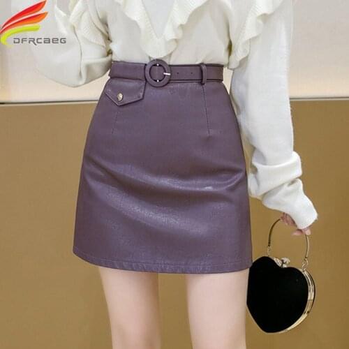 New 2020 Autumn Winter High Waist A Line Leather Skirt Women Korean Style Fashion Casual Mini Skirts Womens With Belt Hot Sale