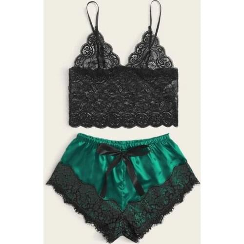 Women Sleepwear 2 Pcs Pajamas Set Sexy Lingerie Satin Black Lace V-Neck Pyjamas Sleeveless Cute Cami Top and Shorts