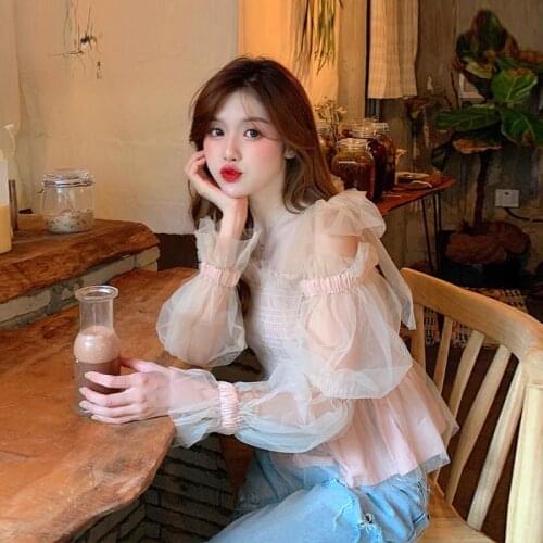 Woman TShirts Mesh Stitching Puff Sleeve off-Neck Long Sleeve T-shirt Womens Spring 2021 Top Z020123jj Crop Top Mujer Camisetas