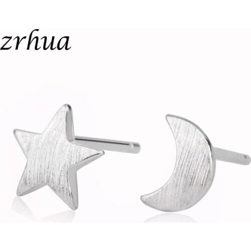 ZRHUA Silver Color Moon and Star Stud Earrings For Women Prevent Allergy Brincos pendientes mujer moda Female Brincos