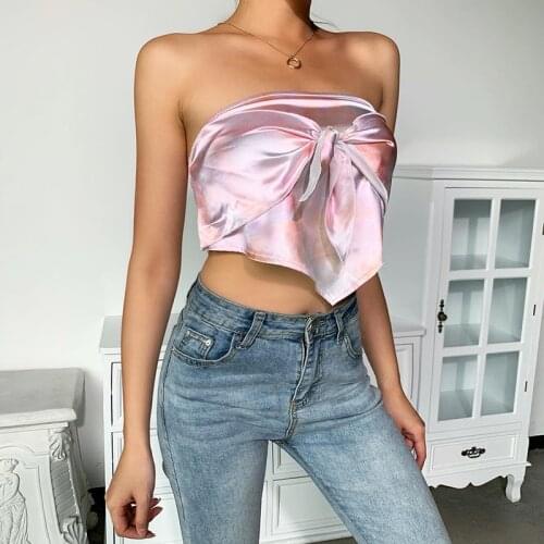 Womens Crop Top Satin Clothes Off Shoulder Girls Bow Decor Chest Boob Tube Undershirt Strapless Short Tube Tops Summer Camis