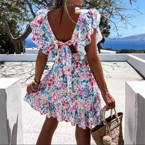 Summer Floral Print Ruffle Dress 2021 Women Butterfly Sleeve Backless Lace-up Sundress V Neck Elastic Waist Beach Party Dresses