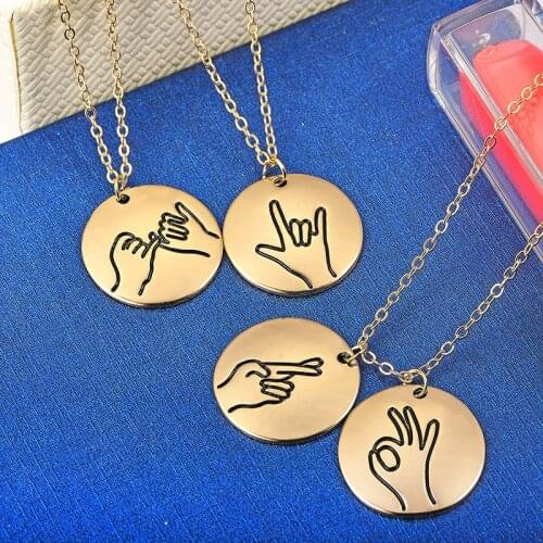 New Creative Sign Language Round Pendant Necklaces For Women Gold Color Coin Short Choker Charm Collier Jewelry Girls Gifts