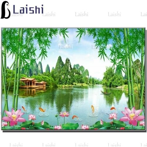5D square round stones Green water, green hills, lotus, hut on the lake diamond embroidery diamond painting hobby needlework