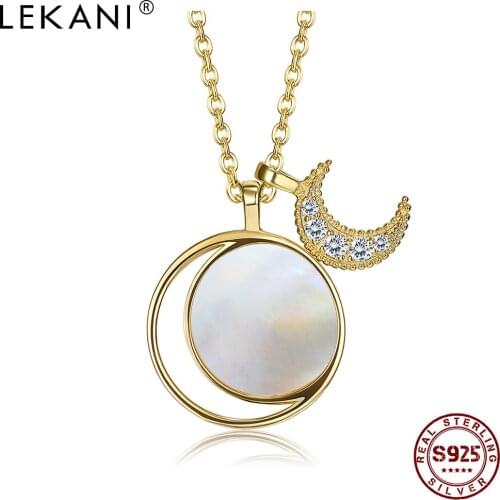 LEKANI 925 Sterling Silver For Women Shiny Moon Golden Chain Necklace Charms Round Pearl Shell Pendant Necklaces Fine Jewelry