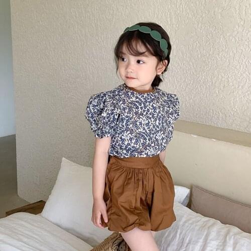 Kids Clothing Summer New Baby Girls Korean Puff Sleeve Floral Shirts Fashion Cotton Thin Tops for Girls 2-8 Y Childrens Blouse