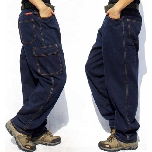 Plus Size Work Pants Loose Baggy Jeans Hip Hop Cargo Pants Men Casual Denim Jeans Multi Big Pocket Straight Trousers Men Clothes