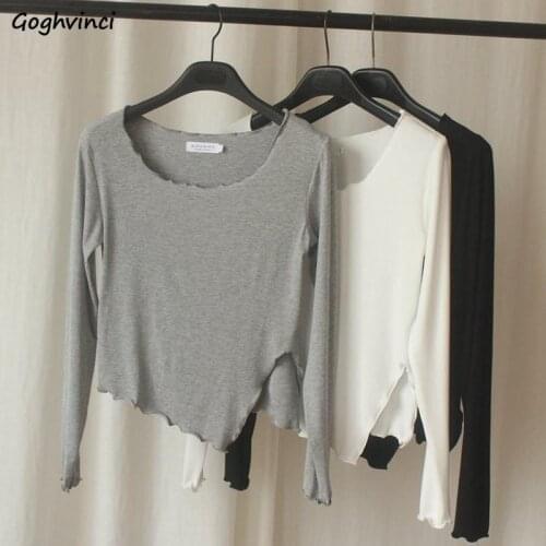 Long Sleeve T-shirts Women Solid Slim Cool Chic Fashion Side-slit Knitted Ruffles Harajuku Streetwear Casual Tshirts Retro New