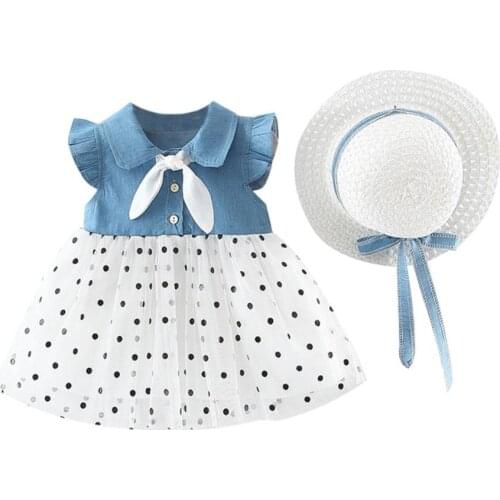 Summer Girls Dress Casual Patchwork Design Flare Sleeve Cotton Mesh Kids Toddler Sundress With Hat Dress For Girls