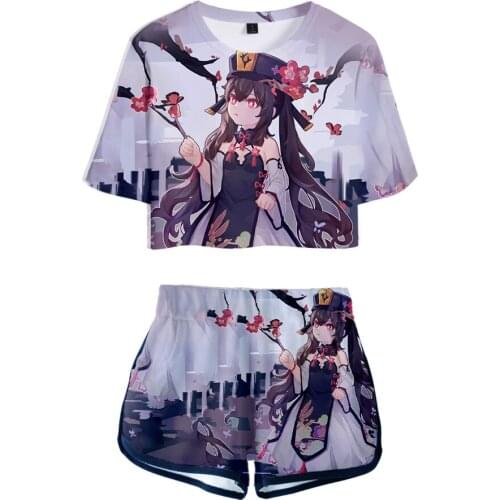 New Genshin Impact Cosplay Hu Tao 3D Print Two-piece Summer Umbilical Shirt Women Kawaii Girl T shirt+shorts Set Classic Clothes