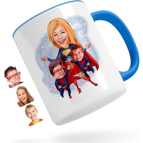 Personalized Super Mom and Super Children Caricature Of Blue Mug cup