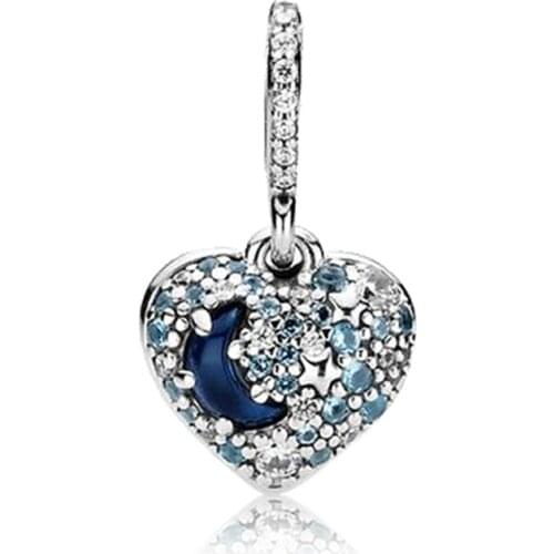 Blue Clear Crystal Heart Pendant Fit Original Pandora Charms Bracelet Good Night Star Moon Beads DIY Jewelry for Women Accessory