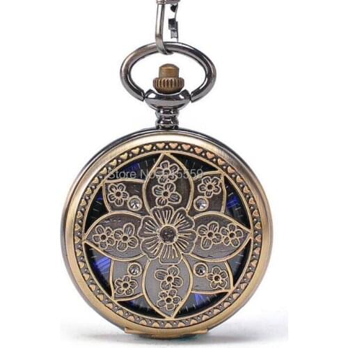 Hot Selling 10pcs/lot Hollowed Bronze Flower Mechanical Pocket Watch Vintage Blue Roman Dial Hand Wind Pocket Watch Wholesale