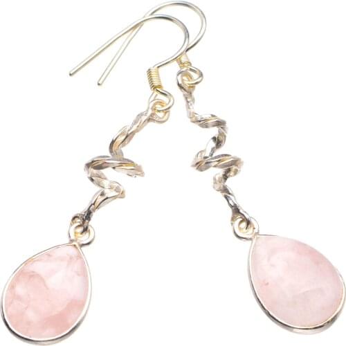 Natural Rose Quartz Handmade 925 Sterling Silver Earrings 2" D3678