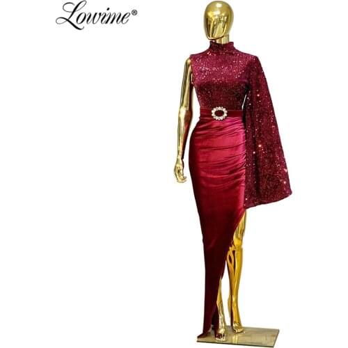 Vintage Wine Red One Shoulder Evening Dresses Velour Sexy High Split Side Mermaid Party Gowns 2020 Saudi Arabia Prom Dress