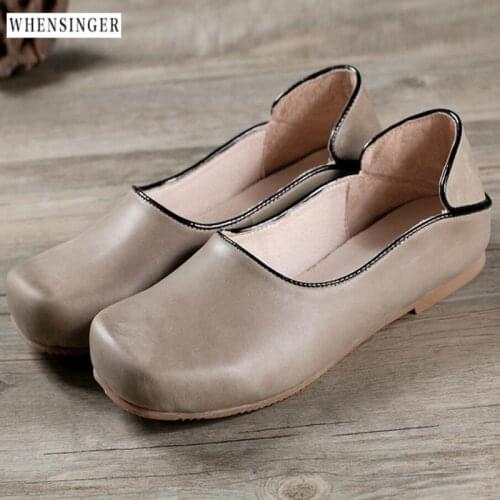 Whensinger - Women Flat Shoes loafers Genuine Leather Casual Plain retro square-headed lady Flats Shoe Vintage Elegant Fashion