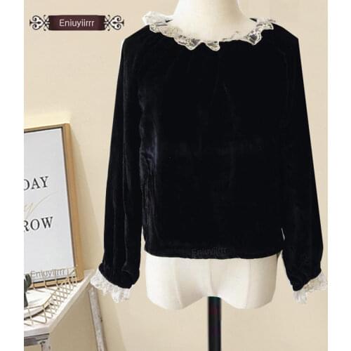 2020 Women Spring Long Sleeve Patchwork Lace Vintage Black Tops Cute Sweet Ruffled Lace Shirts Blouse Japanese Style e046