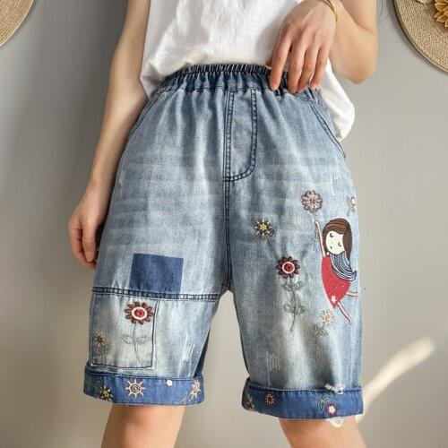 Summer Women Shorts Jeans Femme High Waist Vintage Cartoon Embroidery Knee Length Jean Girl Casual Streetwear Denim Shorts