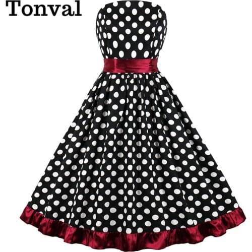 Tonval Off Shoulder Sexy Party Night Polka Dot Vintage 50s Dresses Women High Waist Rockabilly Elegant Midi Dress with Belt