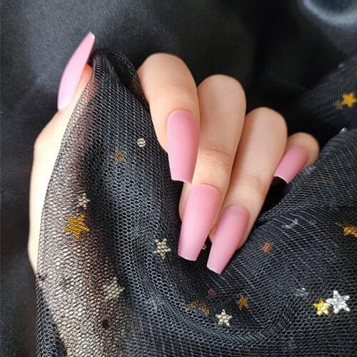 24pcs/Set Pink Ballerina Fake Nails European Coffin Shaped Fake Nails with Glue Artificial Nail Art Decoration Full Nail Tips