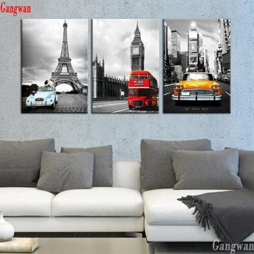 3pcs Full square Round Diamond Embroidery mosaic,5d Diy,Diamond Painting Paris Tower New York City Car Landscape cross stitch