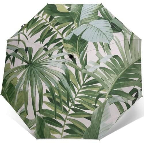 Automatic Umbrella Rain Women Three-folding Umbrella Palm Banana Leaf Tropical Windproof Umbrella Female Waterproof parasol