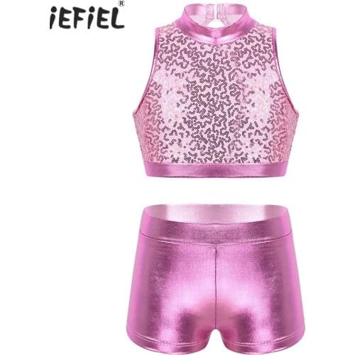 Kids Girls Two-Piece Dancewear Outfit Sleeveless Cutout Back Sparkly Sequins Jazz Tap Hip Hop Dance Costumes Stage Performance