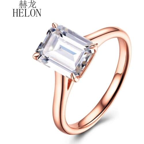 HELON Moissanite Ring Solid 14k Rose Gold Emerald Cut 2.4ct VVS/DF Color Lab Grown Moissanite Diamond Wedding Ring Women Jewelry