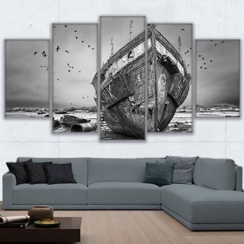 Framed Canvas Paintings Living Room Wall Art Frame 5 Pieces Black White Ship Boat Ashore Landscape Poster HD Prints