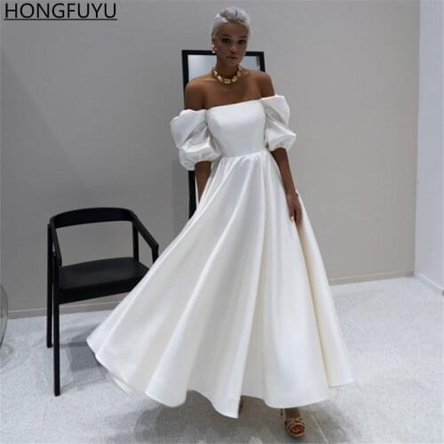 HONGFUYU A Line Satin Prom Evening Dresses Off the Shoulder Short Puffy Sleeves Ankle Length Formal Party Dress فساتين السهرة