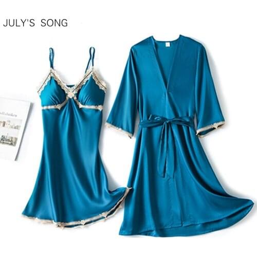 JULYS SONG Sexy 2 PCS Sleep Dress Nightgown 2021Summer Faux Silk Satin Half Sleeve Women Pajamas Elegant Homewear Robe Femme