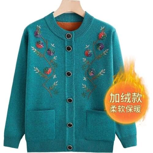 Elderly Women Cardigan Sweater Female Fall Knitwear Tops Middle Age Mother Knit Sweater Coat Grandma Winter Plus Velvet Sweater