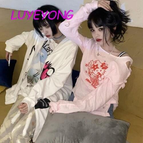 Kawaii Cartton Print Lady Y2k T-shirt Harajuku Japanese Top Sweet Lovely Girl Pink Off Shoulder T Shirt Korean Fashion Clothes