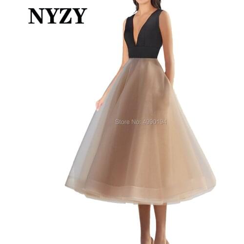 NYZY C268 Robe Cocktail Dress Elegant Tulle Black/Champagne Formal Dress Wedding Party Prom Gown Celebrity vestido coctel