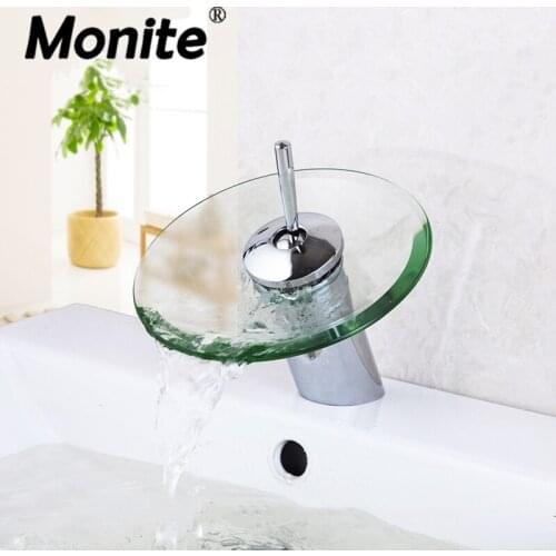 Monite Stainless Steel Chrome Polish Round Glass Bathroom Sink Rocker Handle Water Tap Waterfall Faucet Bathroom Basin Mixer Tap